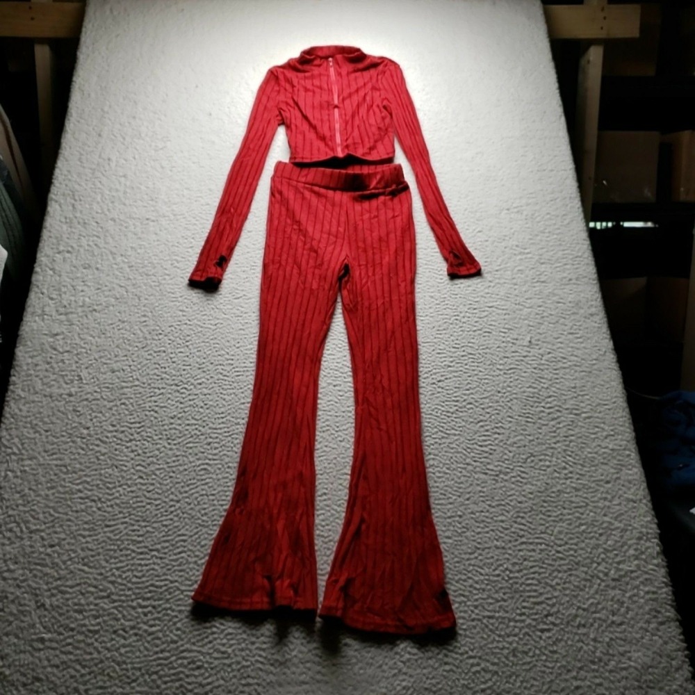 SHEIN Sweater Pants 2 Piece Set Womens S Red Ribbed Zip Mock Neck Flare Leg